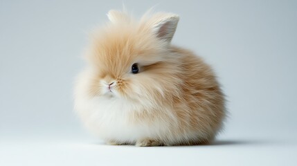 Adorable fluffy rabbit sitting still, centered on a seamless white background, showcasing its soft fur 