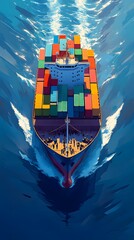 A cargo ship full of colorful containers sailing on the sea, seen from above, in the style of clip art style