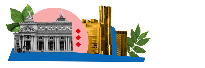Banner. Contemporary art collage. Ornate building complemented by golden modern towers, green...
