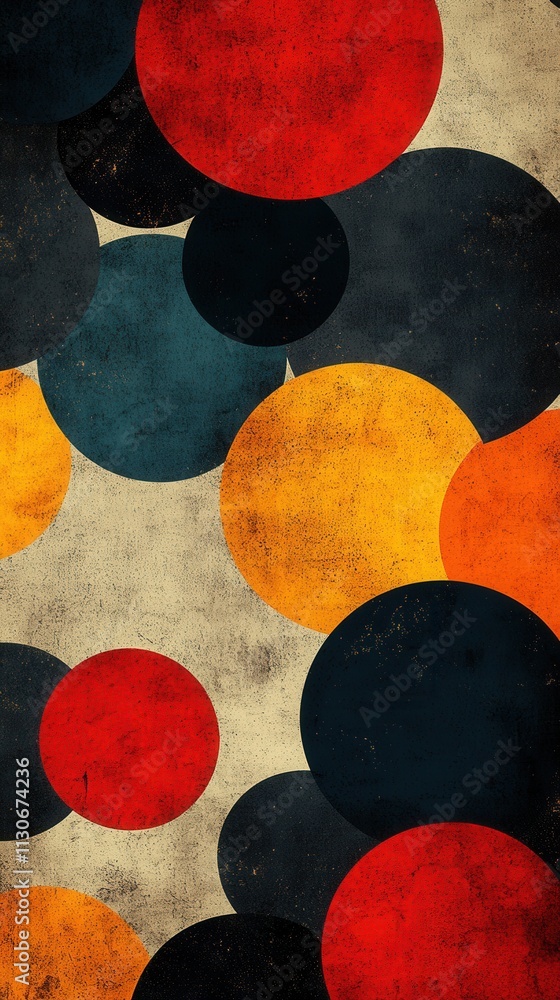 Poster abstract design featuring colorful circles on a textured background.