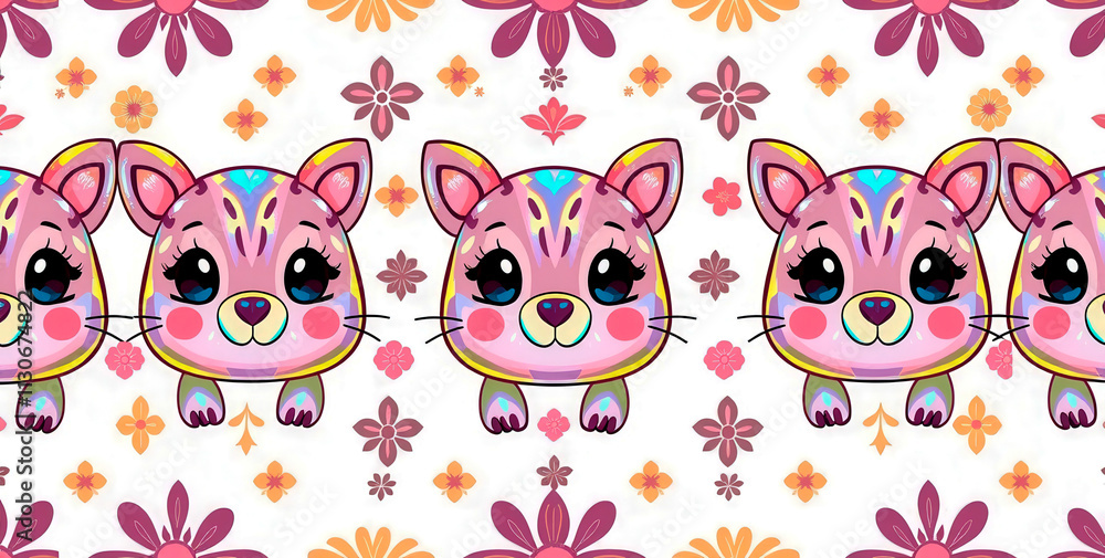 Poster a cartoon cat with a pink face is surrounded by a pattern of flowers. the cat is looking at the came