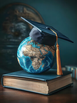 Education to learn study in world. Graduated student studying abroad international idea. Master degree hat on top globe book. Concept of graduate educational for long distane learning - generative ai