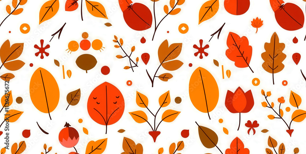 Poster a colorful autumn leaf pattern with a white background. the leaves are of various sizes and shapes, 
