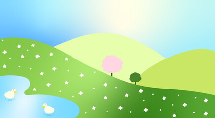 peaceful landscape with rolling hills, a pond with ducks, and blooming flowers