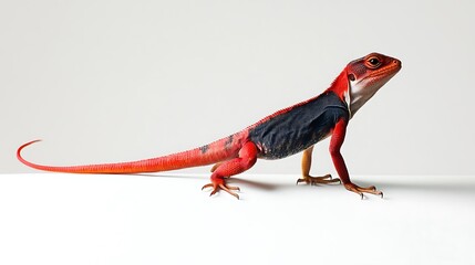 Side view of a lizard standing still, showcasing its slender tail and legs on a bright white backdrop 