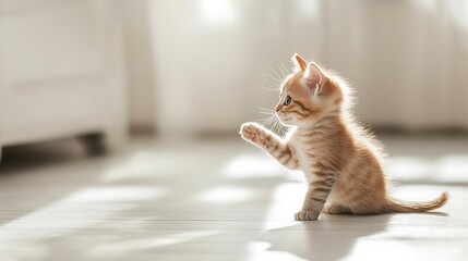 Side view of a playful kitten pawing at the air, isolated on a bright white surface 