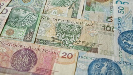 Polish zloty banknotes from narodowy bank polski showcasing various denominations and intricate designs.