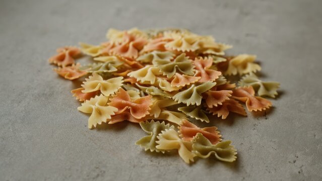 Colorful pasta scattered on a concrete surface, showcasing assorted shapes and vibrant hues related to italian cuisine and culinary ingredients.