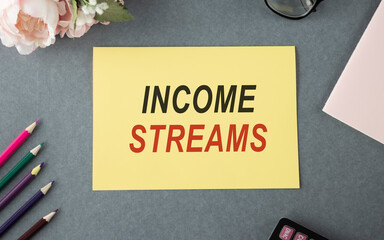 income streams - file cabinet label, bronze holder against grunge and scratched wood
