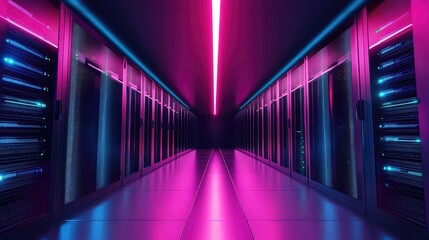 Fototapeta premium Futuristic Data Center with Neon Lights and High-Tech Equipment