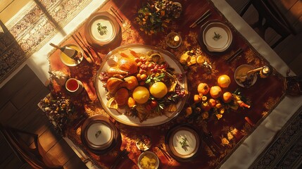 thanksgiving, feast, table, food, autumn, decor, warm colors, photorealistic, holiday, celebration, family, seasonal, dinner, harvest, cozy, overhead view, festive, traditional, meal, gathering