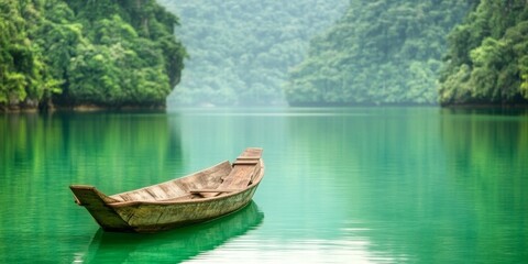 Obraz premium Tranquility on the Emerald Lagoon: A solitary wooden boat rests serenely on the surface of a shimmering emerald lagoon, enveloped by lush verdant foliage.