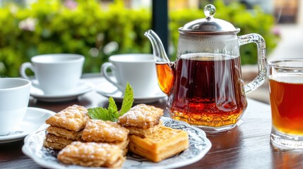 Fototapeta premium Refreshing Afternoon Tea with Delicious Pastries and Herbal Infusion in Outdoor Setting