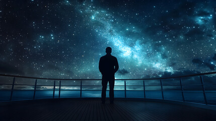 Fototapeta premium Solitude and Wonder: A Man's Nighttime Contemplation on a Cruise Ship Deck