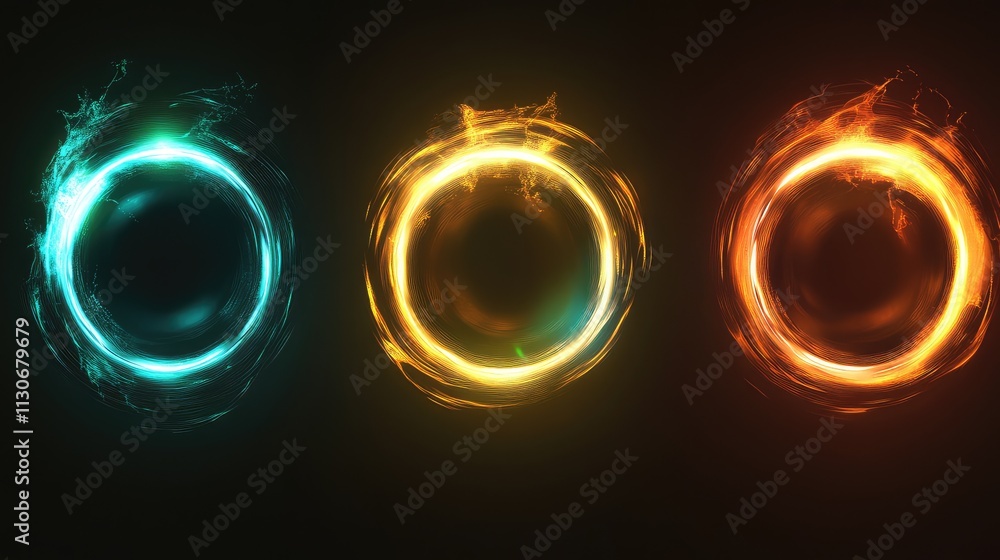 Poster colorful energy swirls in dynamic circular forms with vibrant glow
