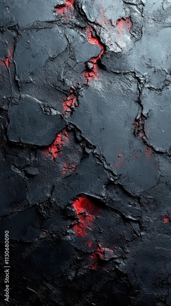 Poster abstract textured surface with dark tones and red highlights.