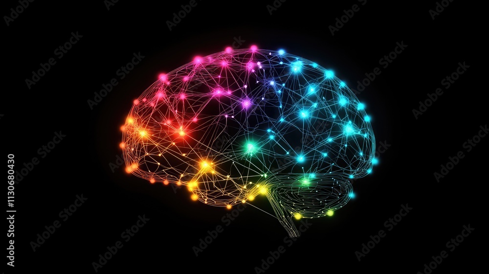 Poster colorful digital brain with connected nodes and neural networks