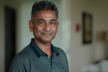 Obraz premium Portrait of a satisfied indian man in his 40s wearing a breathable golf polo isolated in bare monochromatic room