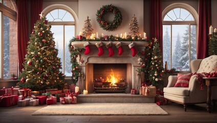 Fototapeta premium fireplace with christmas decorations