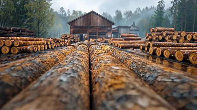 Timber Harvest: Rows of freshly cut logs lie stacked and ready for processing at a timber mill in a misty forest setting. The image captures the raw power and beauty of nature's resources.