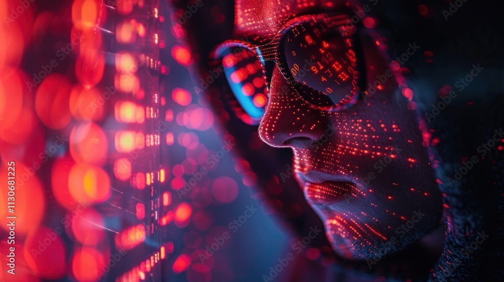 Poster cyberpunk enigma: a hacker's intense focus in a digital world