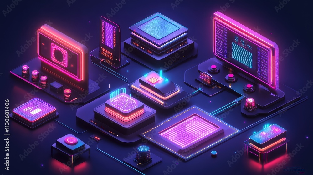 Poster futuristic technology interface with neon design and circuit elements
