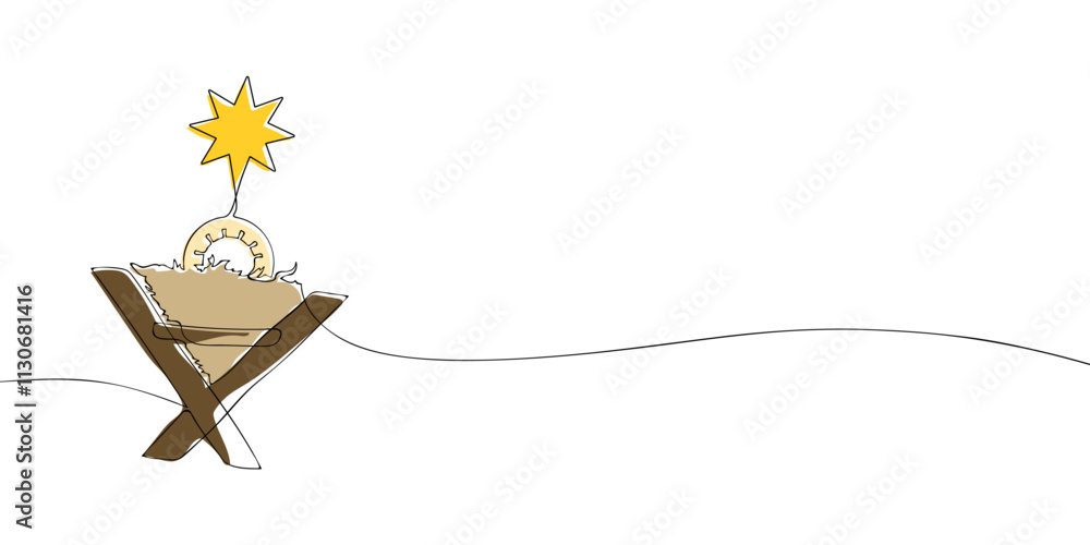 Poster a single line drawing of a manger and star. continuous line christmas nativity scene icon in color. 