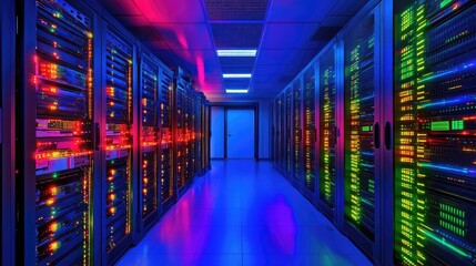 Fototapeta premium Colorful Data Center with Illuminated Server Racks at Night