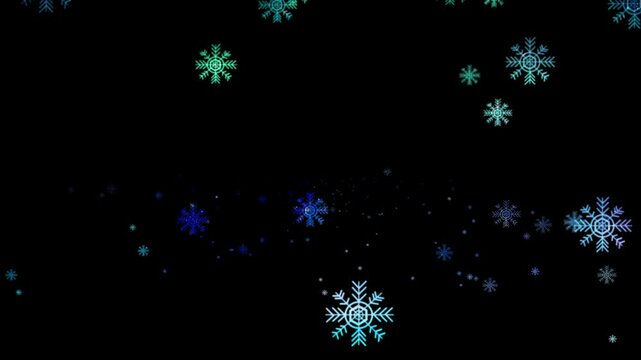 Fond d'animation de flocons de neige color&eacute;s dans les couleurs d'une aurore bor&eacute;ale