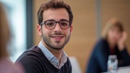 Obraz premium Smiling young man in glasses sitting in meeting or conference