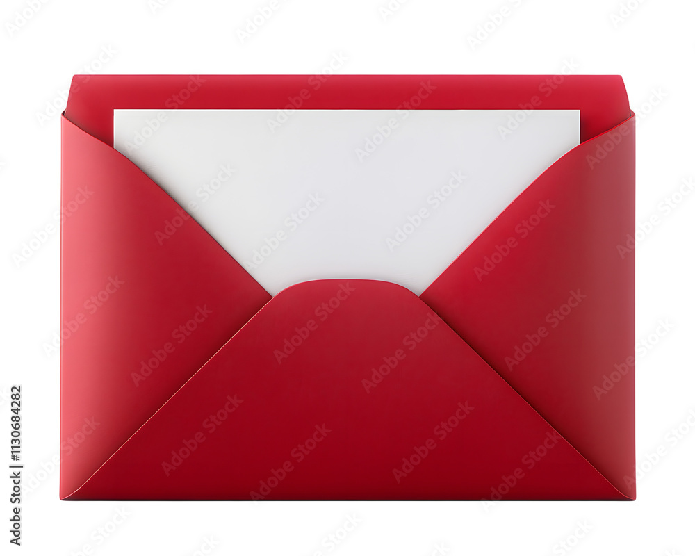 Poster red envelope with blank letter inside with copy space for text, isolated on white transparent backgr