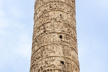 Detail of the Column of Marcus Aurelius in Rome, featuring intricate reliefs depicting military campaigns
