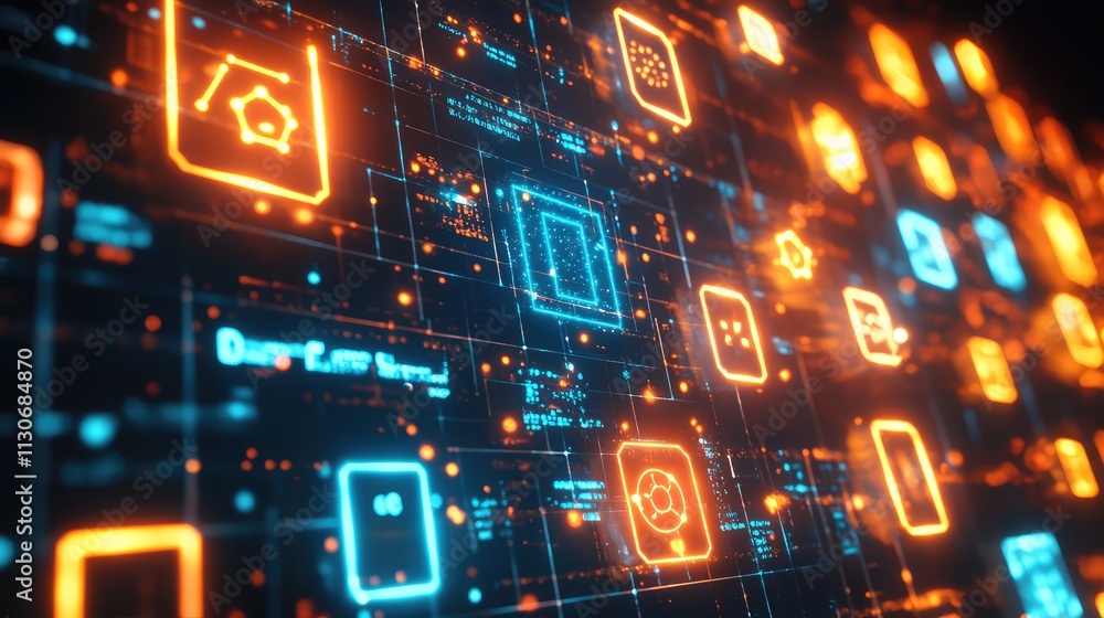 Poster digital interface with bright icons and dynamic tech background