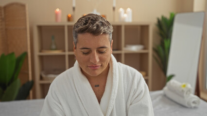 Fototapeta premium Young man enjoying a relaxing moment at a spa in a cozy wellness room, wearing a white robe, surrounded by a serene interior with candles and plants.