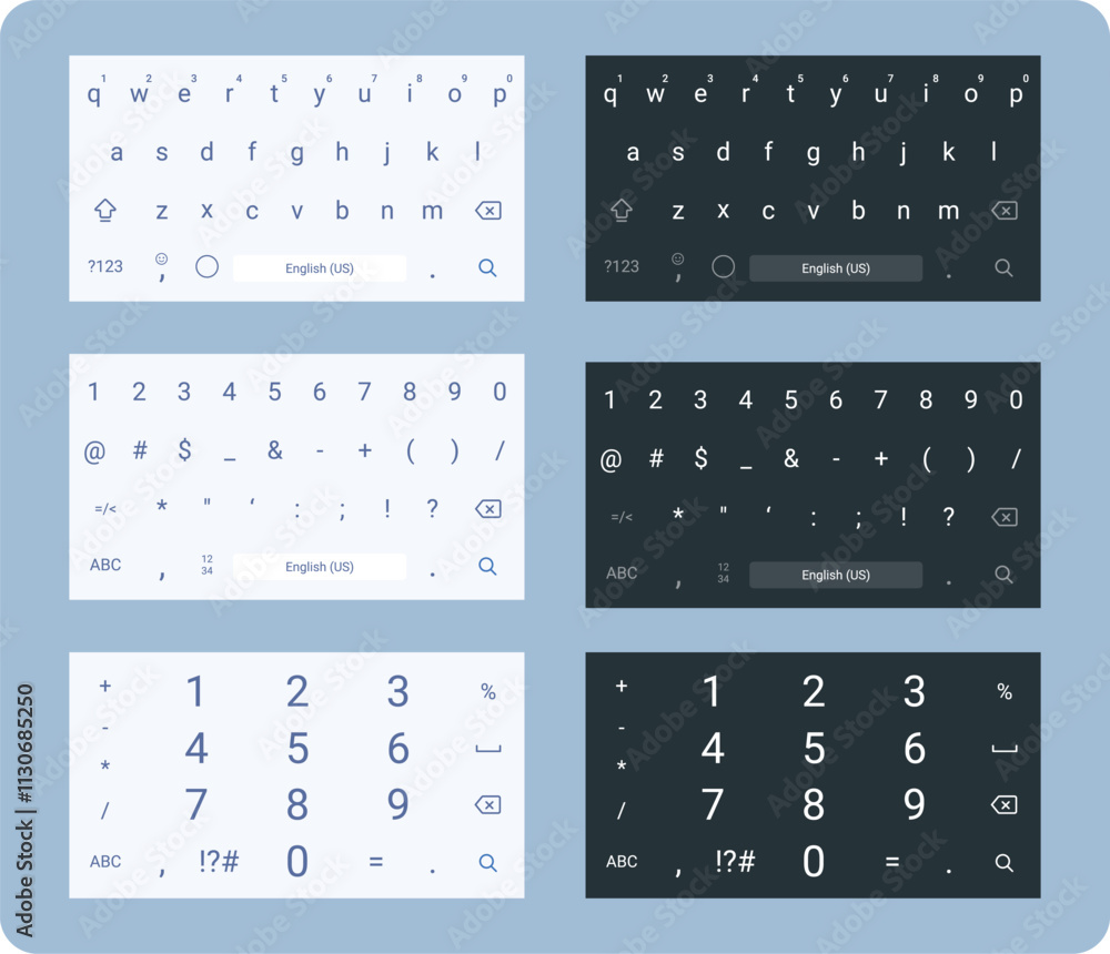 Poster smartphone keyboard in light and dark mode, keypad alphabet buttons in modern flat style, mobile pho