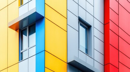 Vibrant Geometric Facade with Colorful Panels and Modern Windows