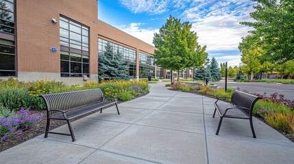 Welcoming Landscape with Benches and Lush Greenery on Pathway