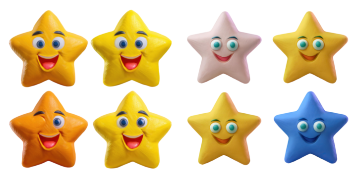 Cute Colorful Star Characters for Kids, PNG collection, set bundle, isolate on transparent or white background