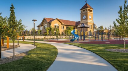Playground and Community Center Surrounded by Green Landscape