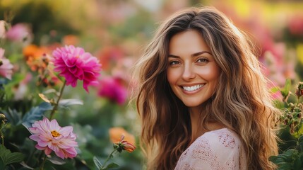 Naklejka premium A woman with long brown hair smiles brightly at the camera in a field of flowers.