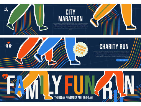 Charity family run marathon sport activity banner design template set vector flat illustration