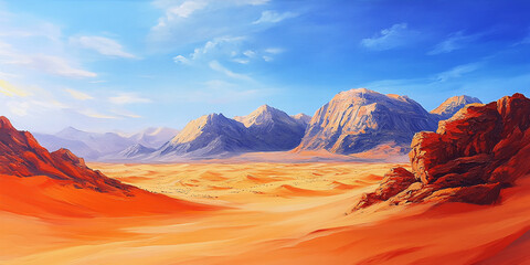 Naklejka premium The orange-red sand desert of Wadi Rum, Jordan, boasts dramatic rock formations and mountains beneath a clear blue sky, highlighting its iconic and stunning natural beauty.