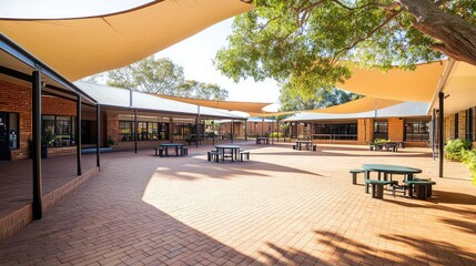 Fototapeta premium Modern Outdoor Courtyard with Shade Structures in Educational Building