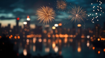 City Lights, Festive Fireworks: A breathtaking spectacle of fireworks illuminating the night sky over a distant cityscape, evoking a sense of celebration, hope, and wonder. 