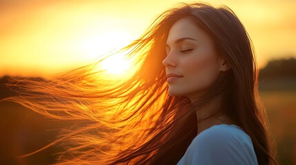Fototapeta premium A young woman with long brown hair stands in a field, eyes closed, smiling as her hair blows in the wind.