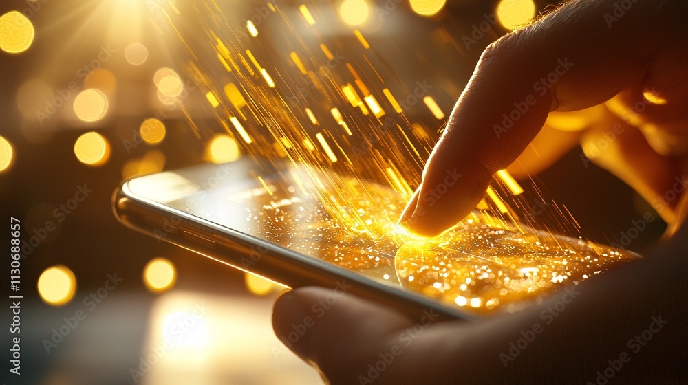 Poster digital payments and mobile payments concept. touching screen with golden sparks and bright bokeh