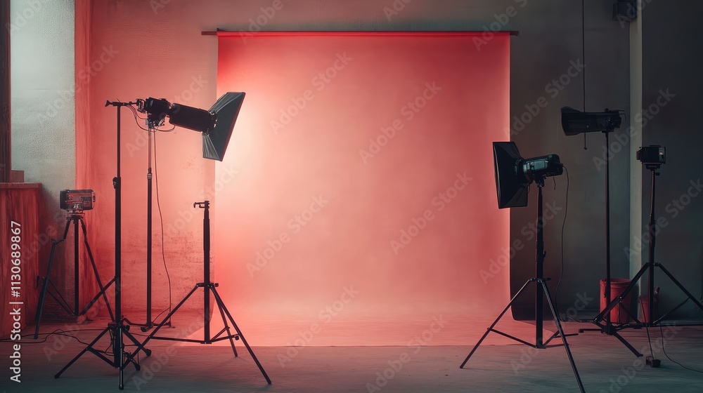 Poster studio lighting setup with soft red backdrop for photography sessions