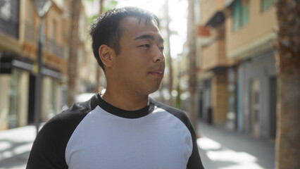 Fototapeta premium A handsome young chinese man standing on an urban street in a city, showcasing casual outdoor fashion and the vibrant atmosphere of town life.