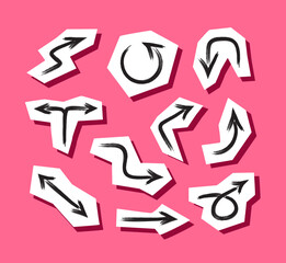 Obraz premium Hand drawn arrows. Grunge isolated social media stickers. Paper clippings. Editable