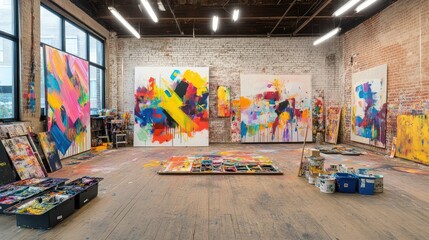 Bright and Colorful Abstract Art Studio with Creative Paintings